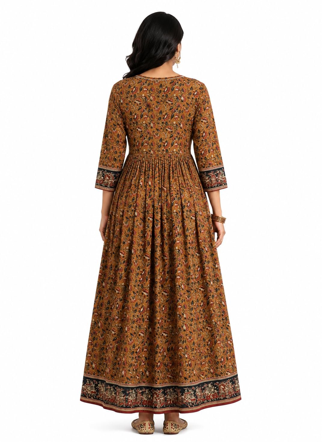 Women's Brown Floral Printed Cotton Anarkali Dress | Round Neck | 3/4 Sleeves | Full Length Ethnic Gown - Image 4