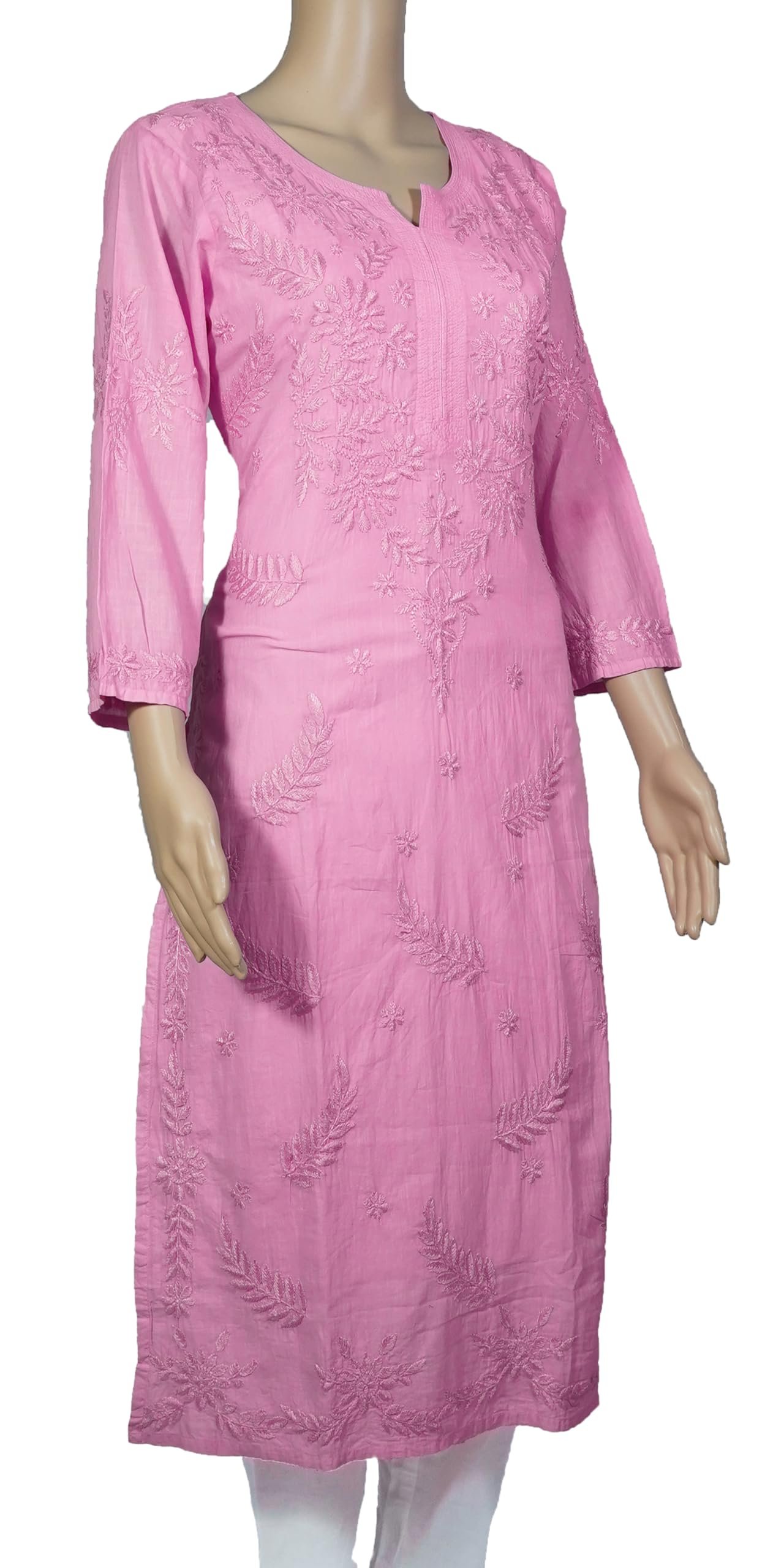 Women's Pink Cotton Kurti with Floral Chikankari Hand Embroidery, 3/4 Sleeve, Casual Wear (in, Alpha, 3XL, Pink) - Image 2