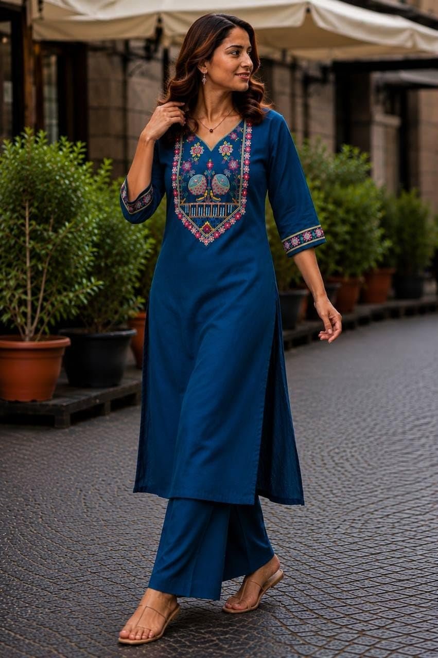 Women's Cotton V-Neck Kurta Set, 3/4 Sleeve Embroidered Festive and Occasion Straight Kurti with Matching Palazzo Pants Blue 3XL - Image 3