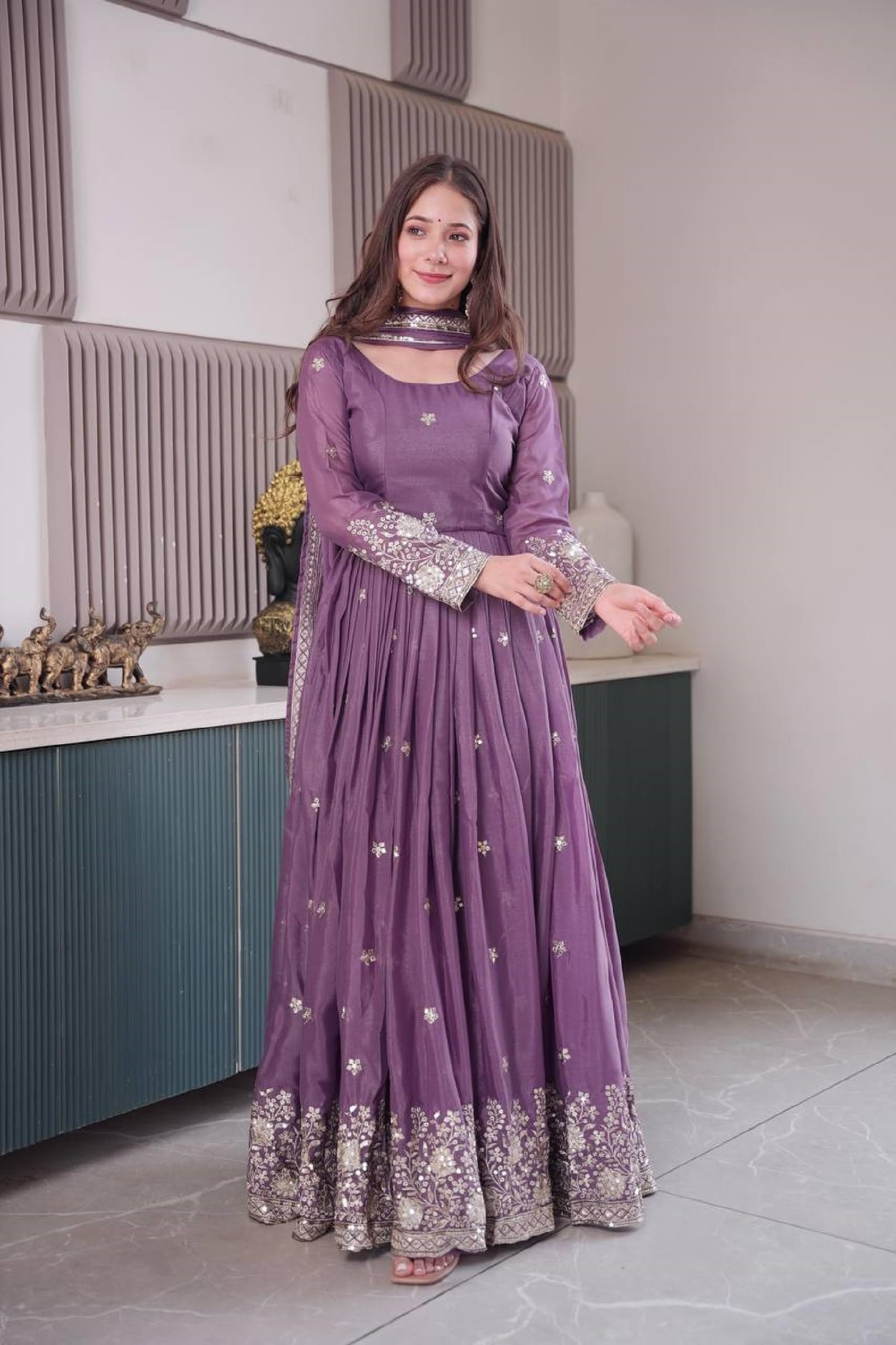 Women Diamond Silk Anarkali Gown with Dupatta | Embroidery Sequins Work Ethnic Outfit | Fully Stitched Lavender - Image 9