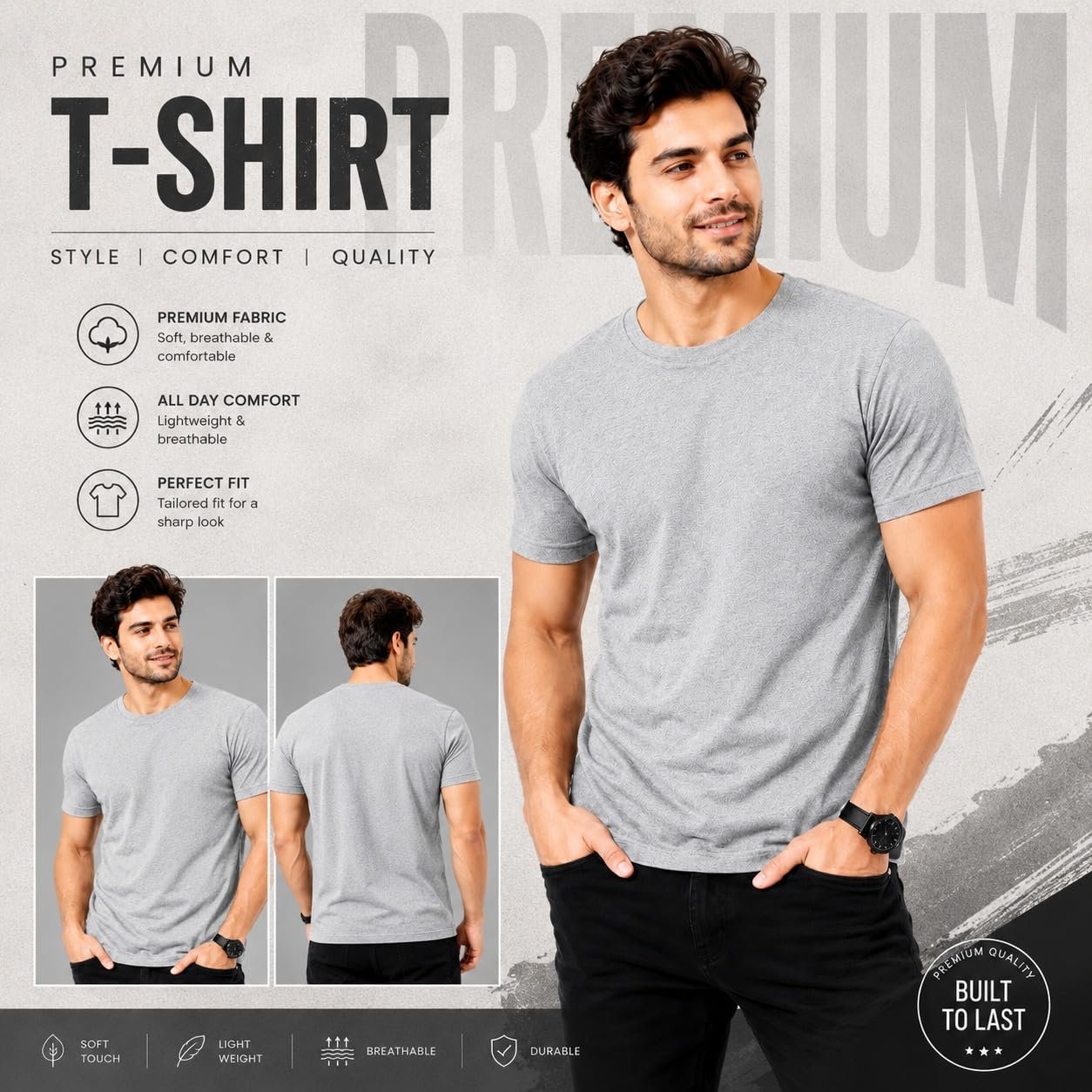 Cotton Blend T-Shirt for Mans, Classy Look Regular Fit Half Sleeve, Solid Plain Men T-Shirt, Light Grey (in, Alpha, Regular, 1) - Image 5