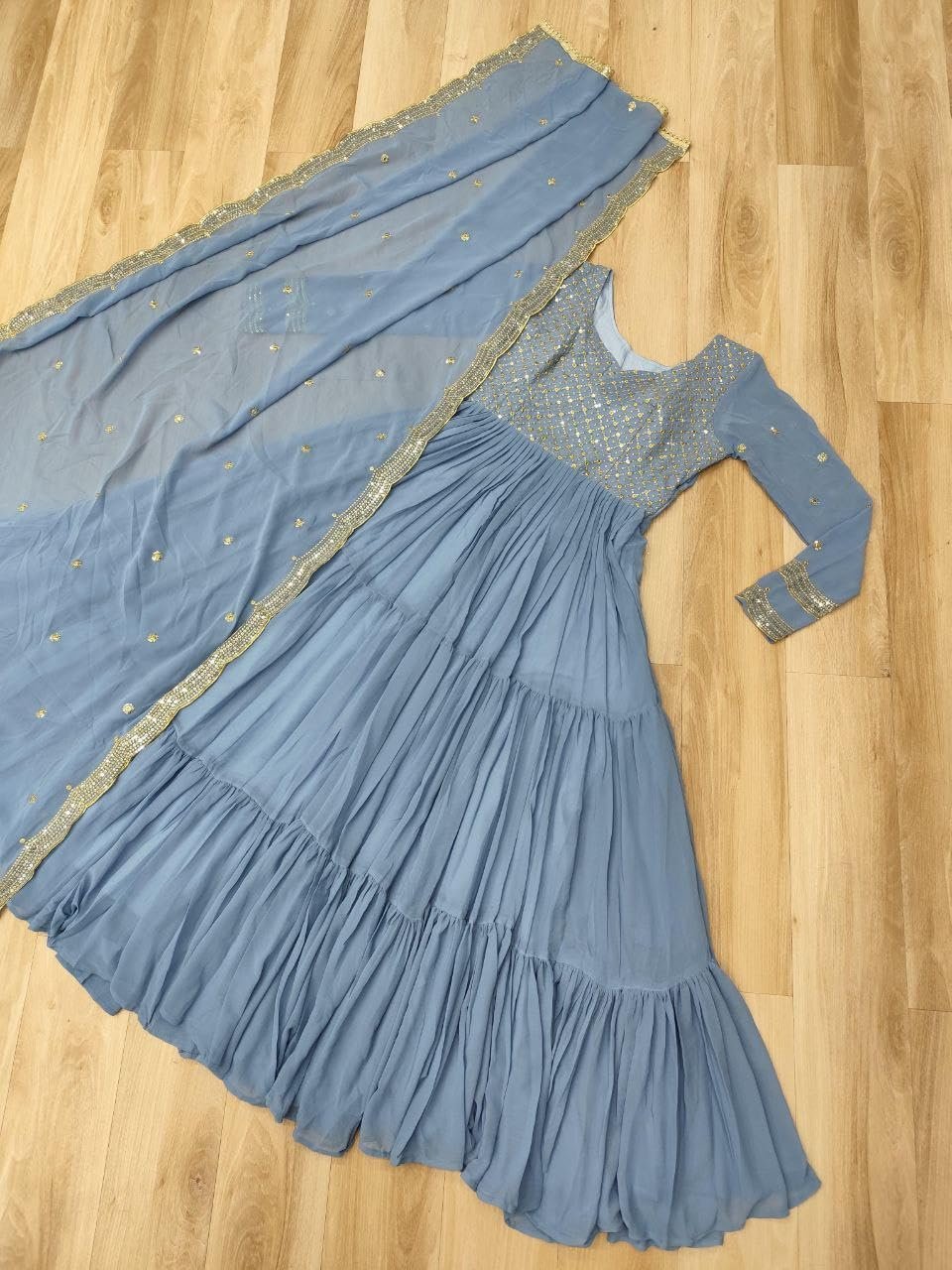 Forteo Fashion Women Traditional Anarkali Dress, Faux Georgette Floor Length Gown with Silver Embroidered Yoke, Gown, (in, Alpha, Regular, Sky) - Image 5