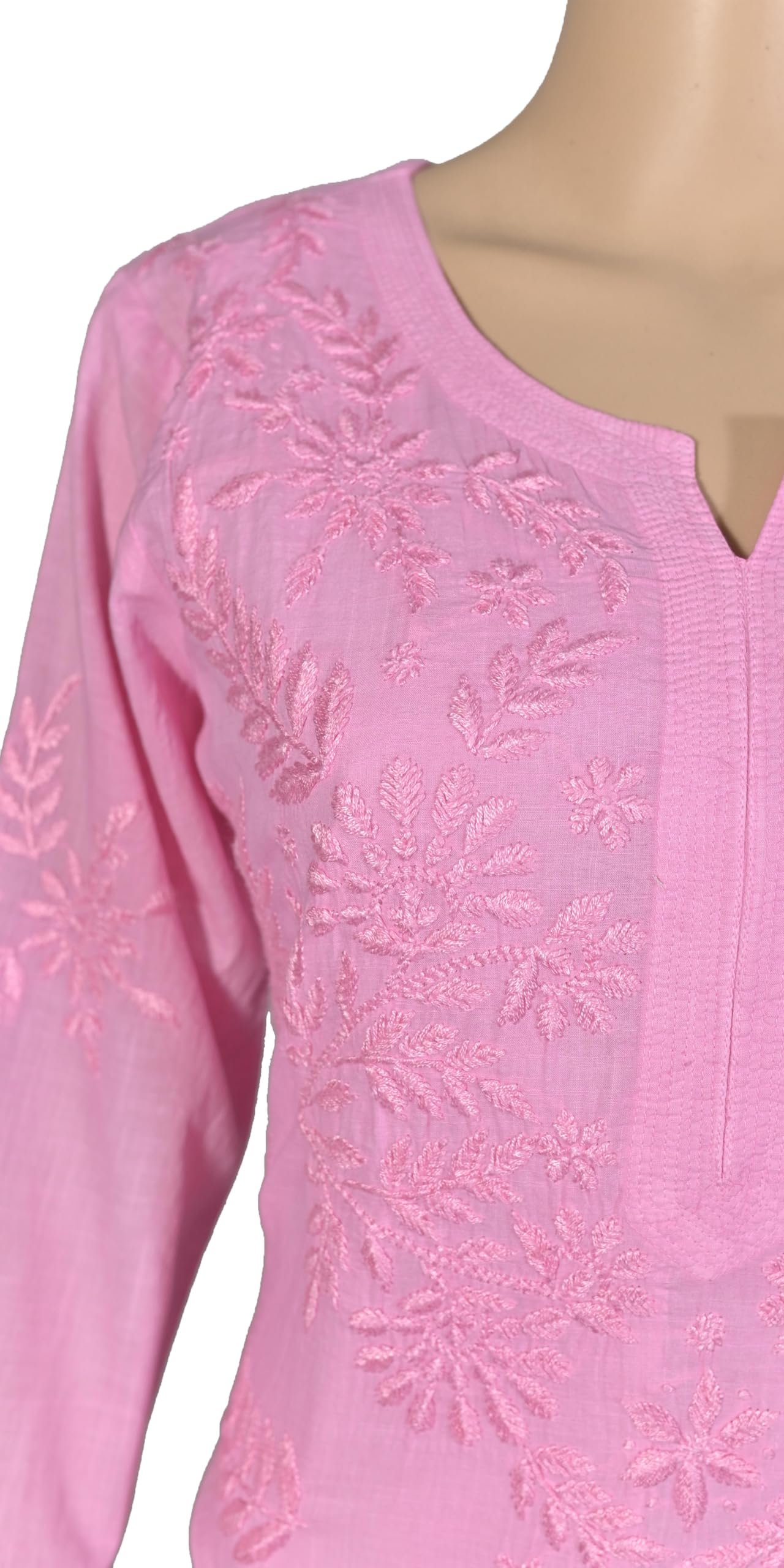 Women's Pink Cotton Kurti with Floral Chikankari Hand Embroidery, 3/4 Sleeve, Casual Wear (in, Alpha, 3XL, Pink) - Image 3