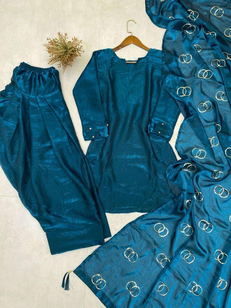 Women's Fendi Silk Solid Muslim Straight Kurti with Pant and Dupatta Set (Blue) - Image 9