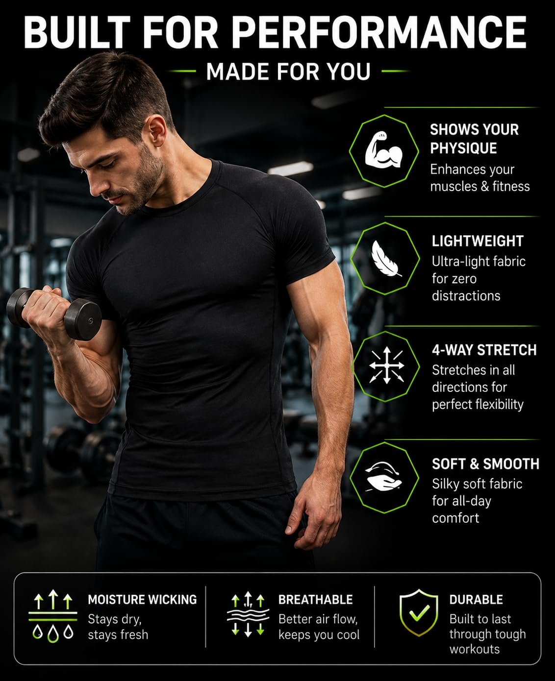 Men's Half Sleeve Compression Gym T-Shirt Dry Fit Black - Image 5