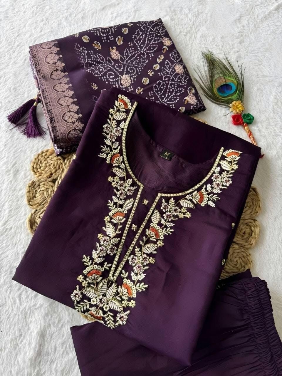 Women's Beautiful Kanchi Cotton Blend Salwar Suit And Jecquard Printed kurti Set with Round Neck,3/4 Sleeve Traditional Kurti set For Any Occasion (IN, Alpha, 6XL, Regular, Women, Purple) - Image 7