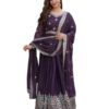 Women Faux Silk with Heavy Embroidery and Sequence Work Designer Anarkali Gown for Women's 3/4 Sleeve Gown with Matching Dupatta Set (in, Alpha, 2XL, Regular, Women, Purple)