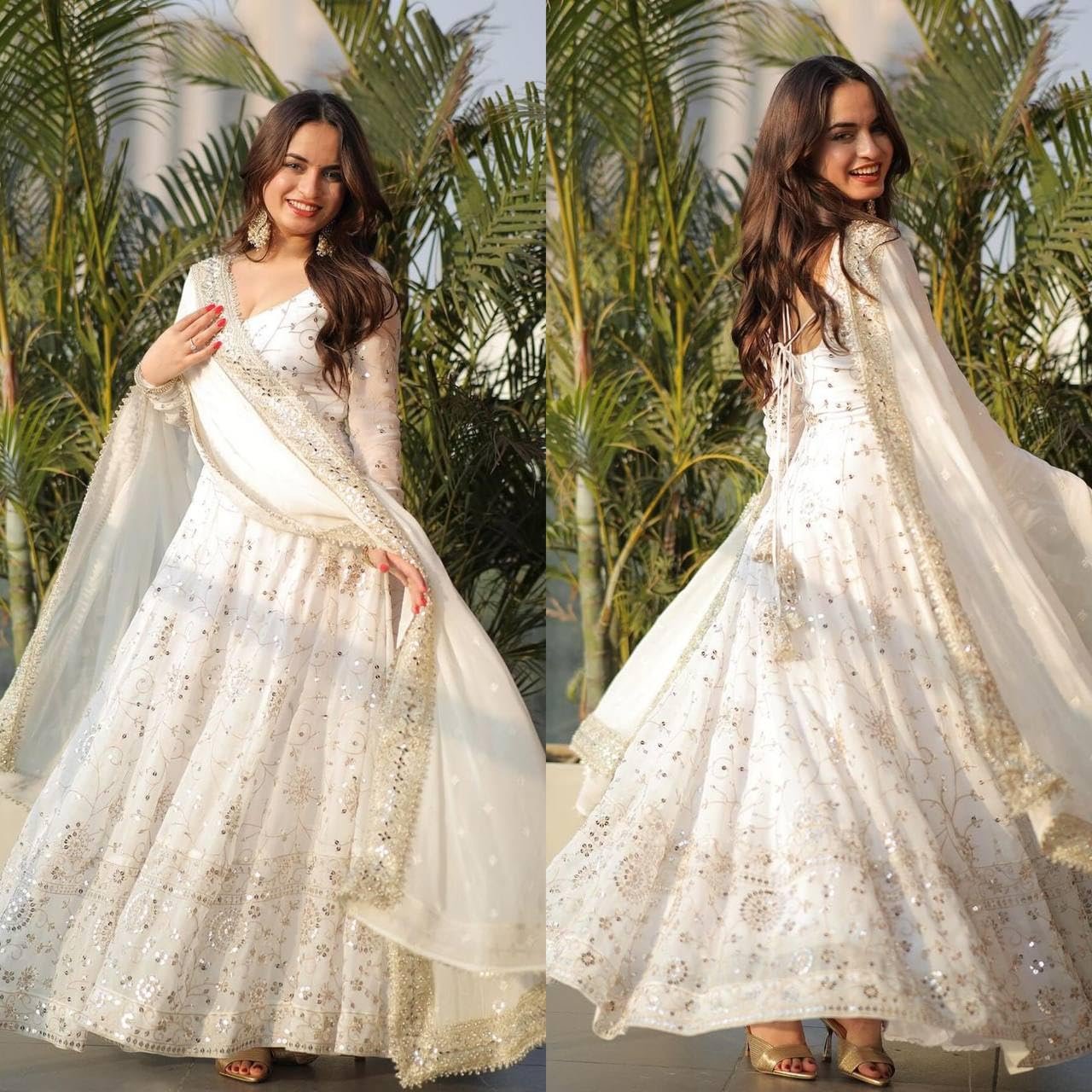 Women Faux Georgette Anarkali Gown Set with Dupatta Embroidery Sequins Work Ethnic Wear White - Image 5