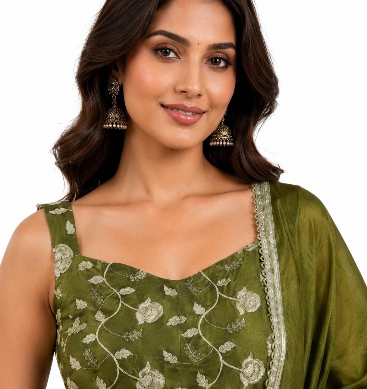 Women's Olive Green Anarkali Gown with Dupatta, Floral Embroidery - Image 3