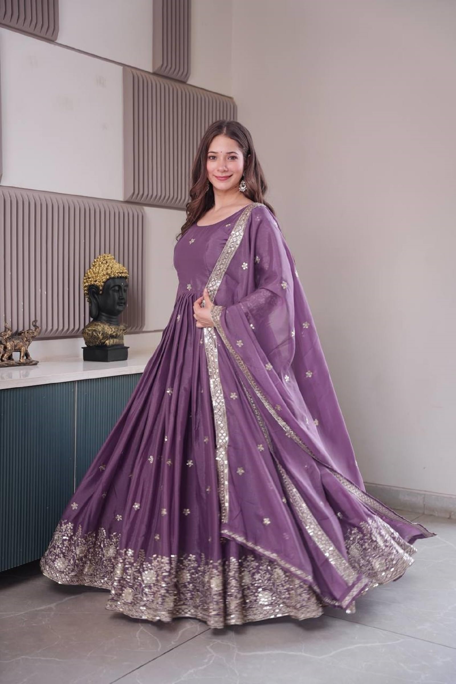 Women Diamond Silk Anarkali Gown with Dupatta | Embroidery Sequins Work Ethnic Outfit | Fully Stitched Lavender - Image 2