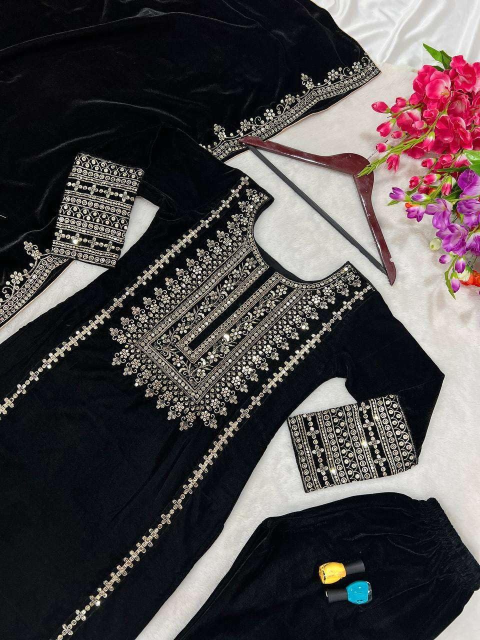 Vlms enterprises Women's Viscose Velvet Embroidery and Sequence Work Straight Kurti with Pant & Dupatta Set (Black) - Image 6