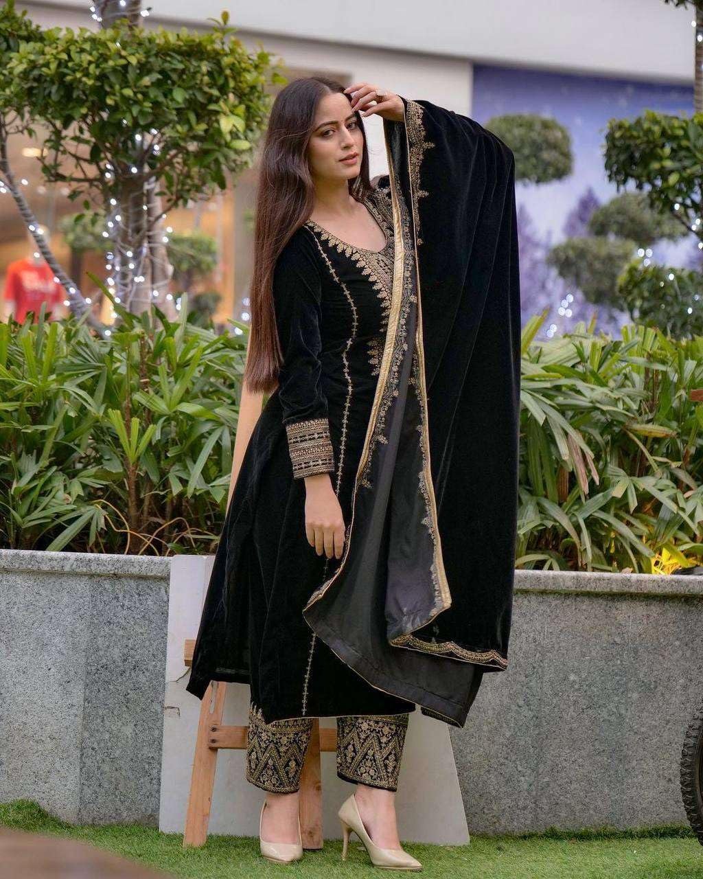 Vlms enterprises Women's Viscose Velvet Embroidery and Sequence Work Straight Kurti with Pant & Dupatta Set (Black) - Image 2