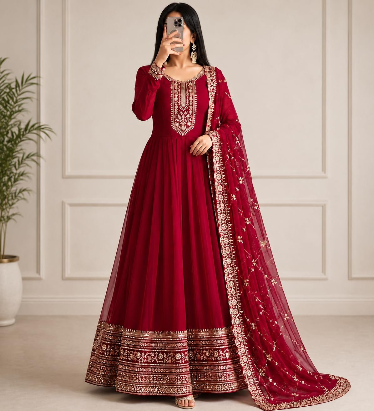 Girl's Fashion Hub's Navy Blue Color Anarkali Gown with Dupatta, Gold Embroidery, Ethnic Wear for Women (in, Alpha, 3XL, Regular, Red) - Image 2