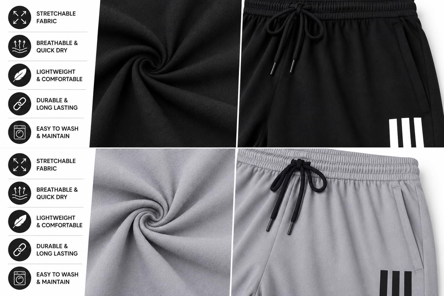 Item Name: Men's Athletic Shorts with Drawstring, Pack of 2, Black & Grey - Image 3