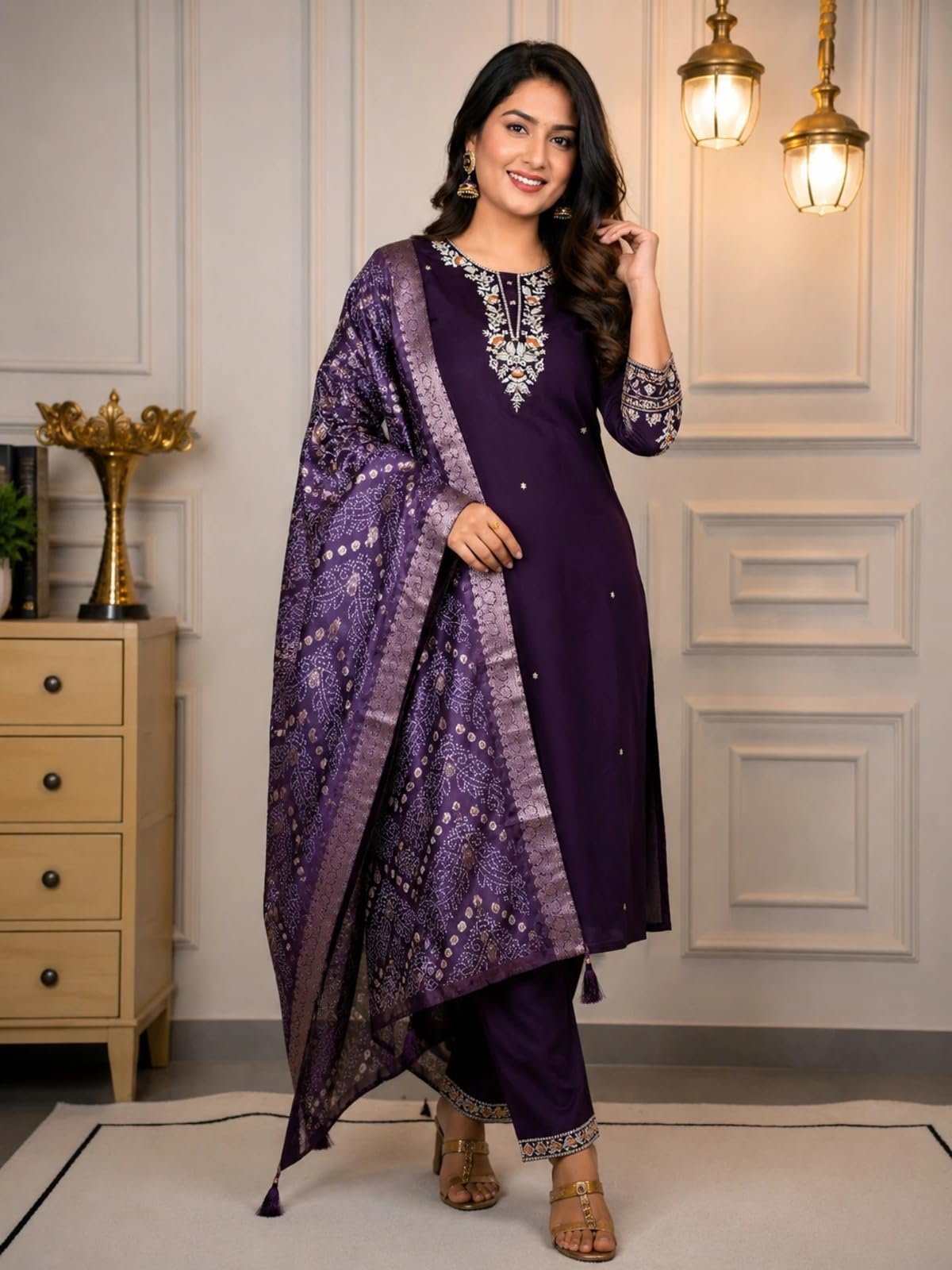 Women's Beautiful Kanchi Cotton Blend Salwar Suit And Jecquard Printed kurti Set with Round Neck,3/4 Sleeve Traditional Kurti set For Any Occasion (IN, Alpha, 6XL, Regular, Women, Purple) - Image 2
