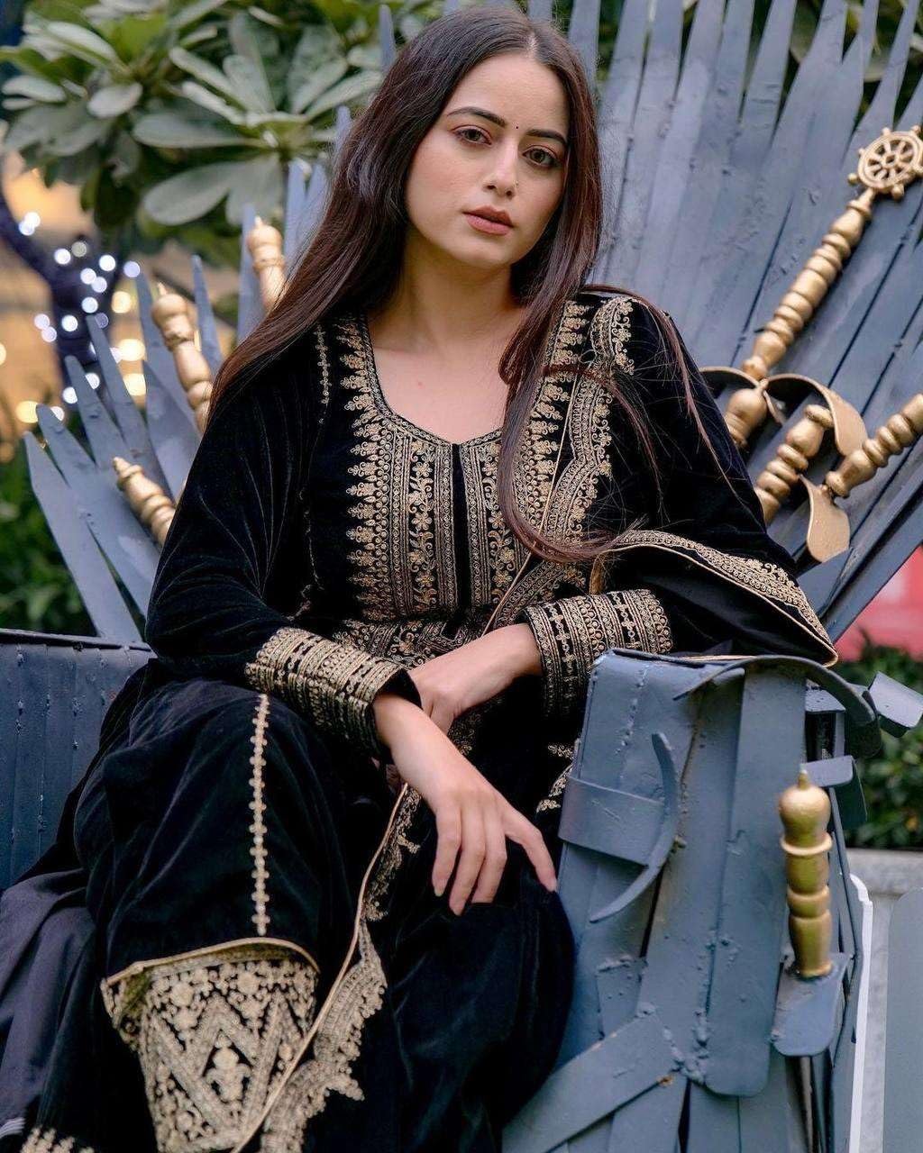 Vlms enterprises Women's Viscose Velvet Embroidery and Sequence Work Straight Kurti with Pant & Dupatta Set (Black) - Image 3