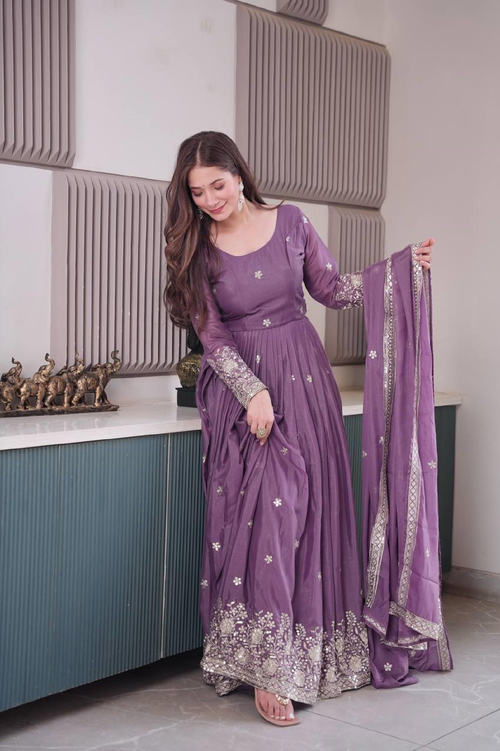 Women Diamond Silk Anarkali Gown with Dupatta | Embroidery Sequins Work Ethnic Outfit | Fully Stitched Lavender - Image 3