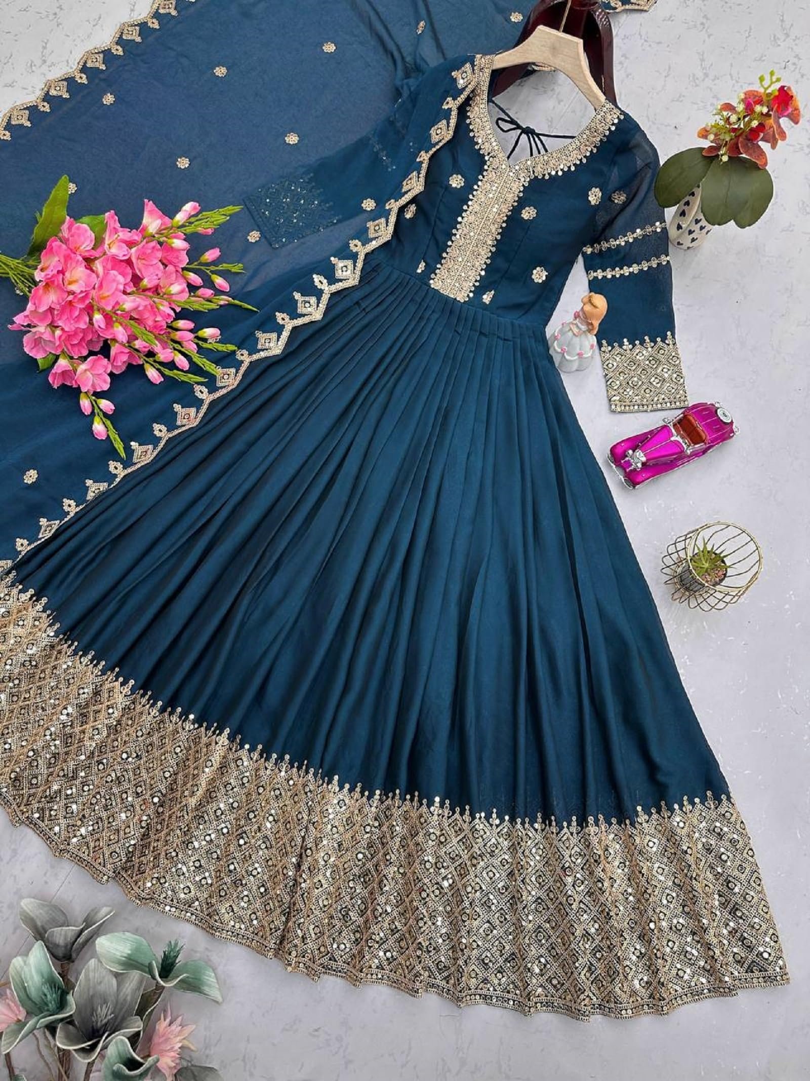 Women Noha Crush Silk Anarkali Gown with Dupatta | Embroidery Codding and Sequins Work Ethnic Outfit | Fully Stitched - Image 9