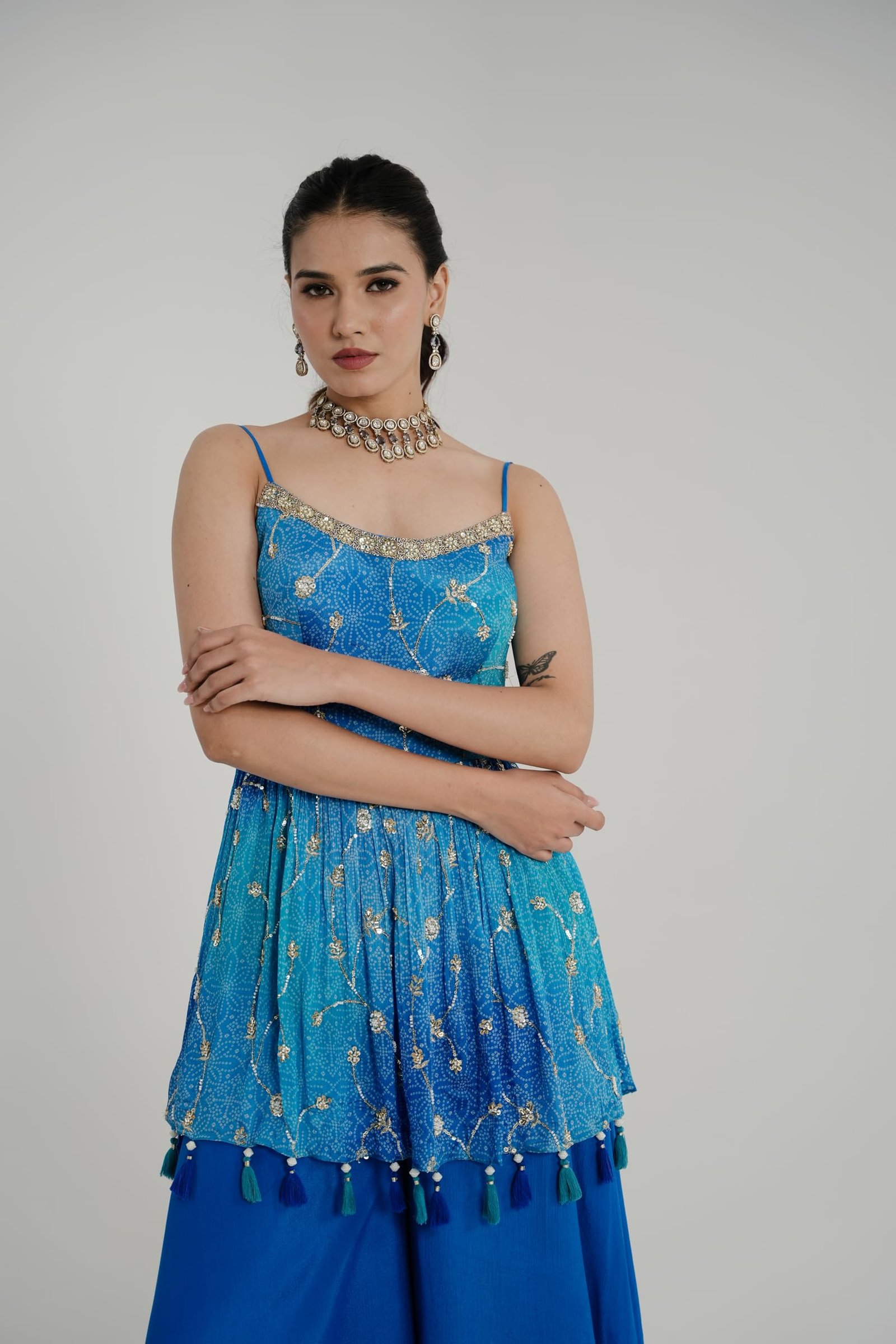 Designer Blue Palazzo Set with Embellished Short Kurti, Tassel Details, Sleeveless Top with Flared Pants (IN, Alpha, 2XL, Regular, Blue) - Image 4