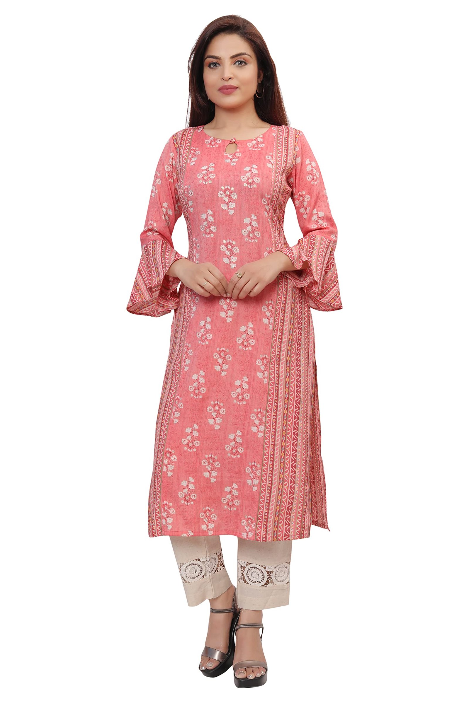Women's and Girl's Foil Print Bell Sleeve Dual Tone Kurti (X-Large) Pack of 2 Pink
