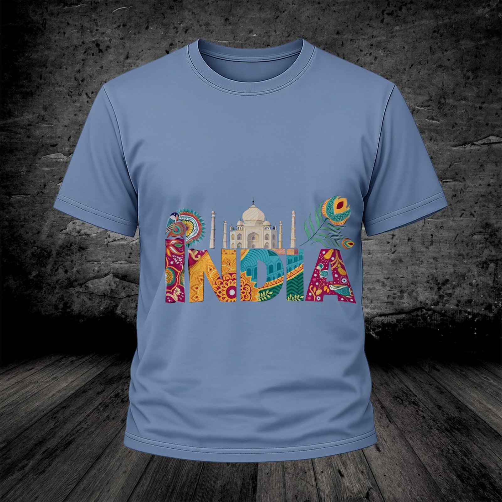 TrendLane India Heritage HD Graphic Printed Patriotic T-Shirt for Men | Taj Mahal & Peacock Feather Tee (in, Alpha, Regular, Blue) - Image 2