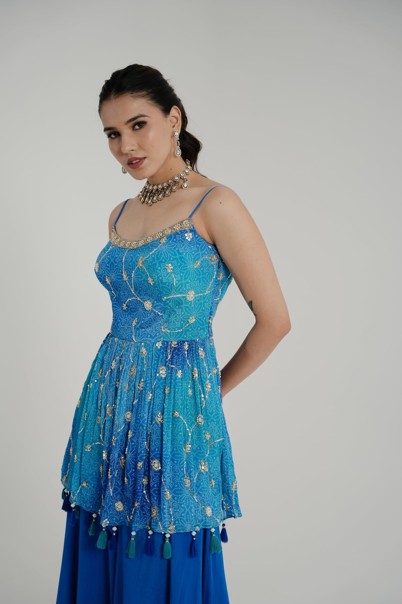 Designer Blue Palazzo Set with Embellished Short Kurti, Tassel Details, Sleeveless Top with Flared Pants (IN, Alpha, 2XL, Regular, Blue) - Image 7