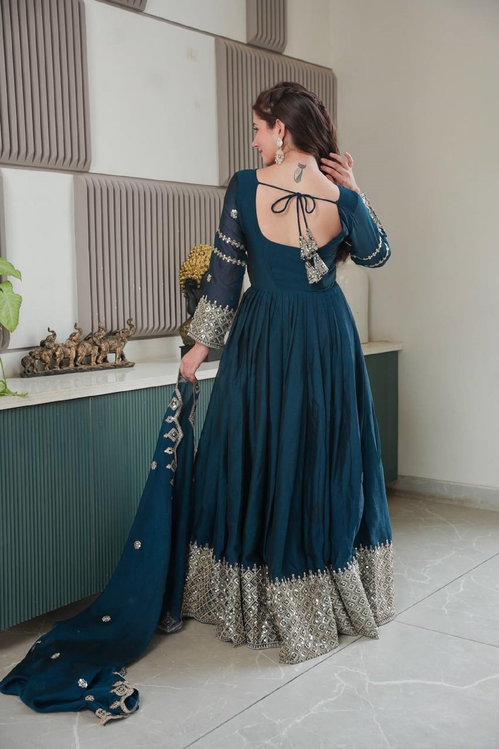 Women Noha Crush Silk Anarkali Gown with Dupatta | Embroidery Codding and Sequins Work Ethnic Outfit | Fully Stitched - Image 2