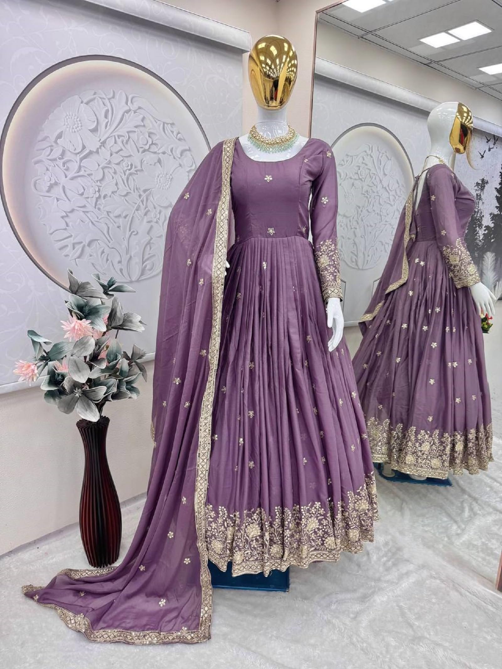 Women Diamond Silk Anarkali Gown with Dupatta | Embroidery Sequins Work Ethnic Outfit | Fully Stitched Lavender - Image 8