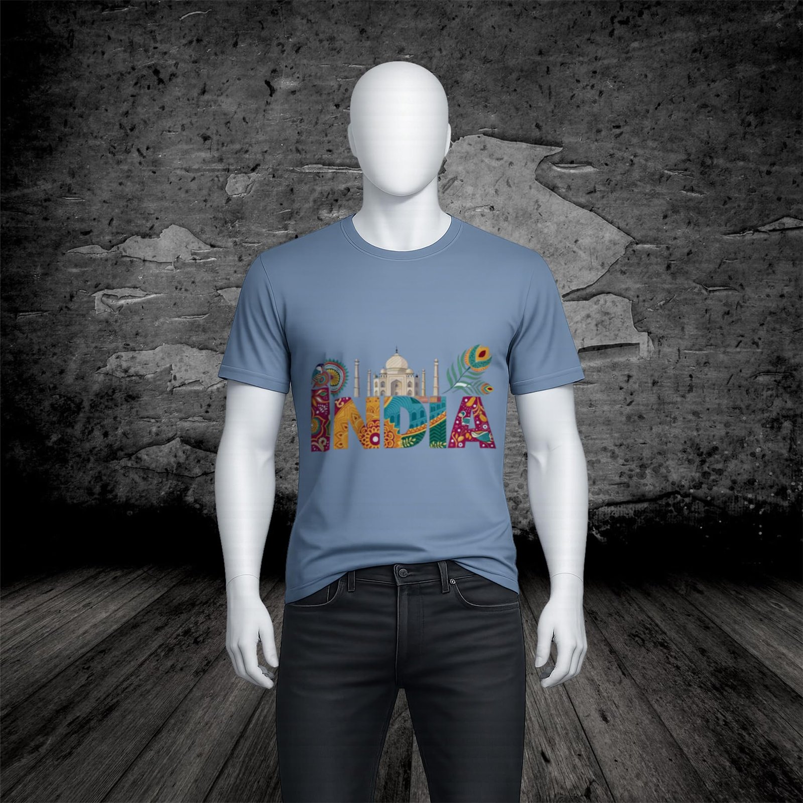 TrendLane India Heritage HD Graphic Printed Patriotic T-Shirt for Men | Taj Mahal & Peacock Feather Tee (in, Alpha, Regular, Blue) - Image 3