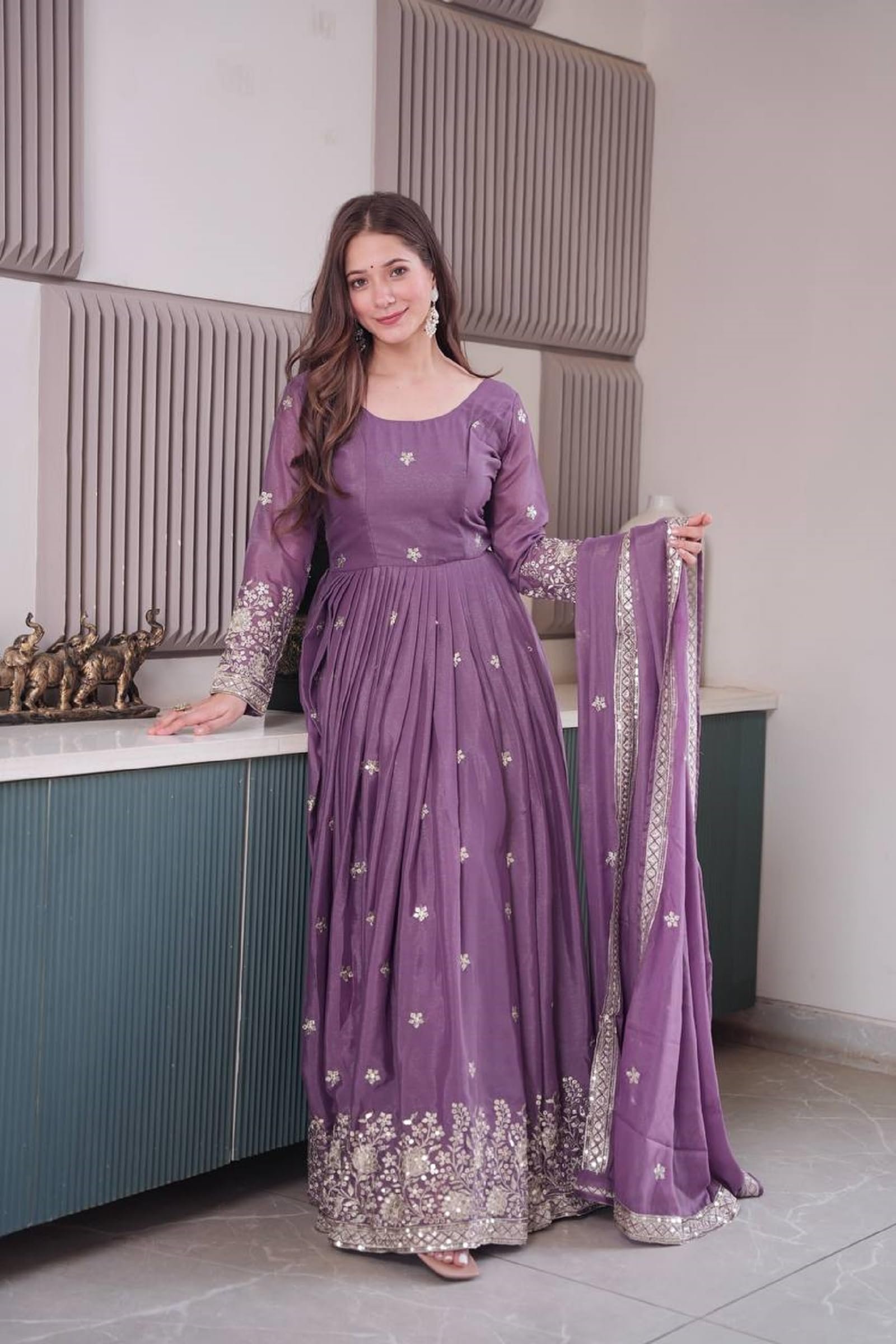 Women Diamond Silk Anarkali Gown with Dupatta | Embroidery Sequins Work Ethnic Outfit | Fully Stitched Lavender - Image 4