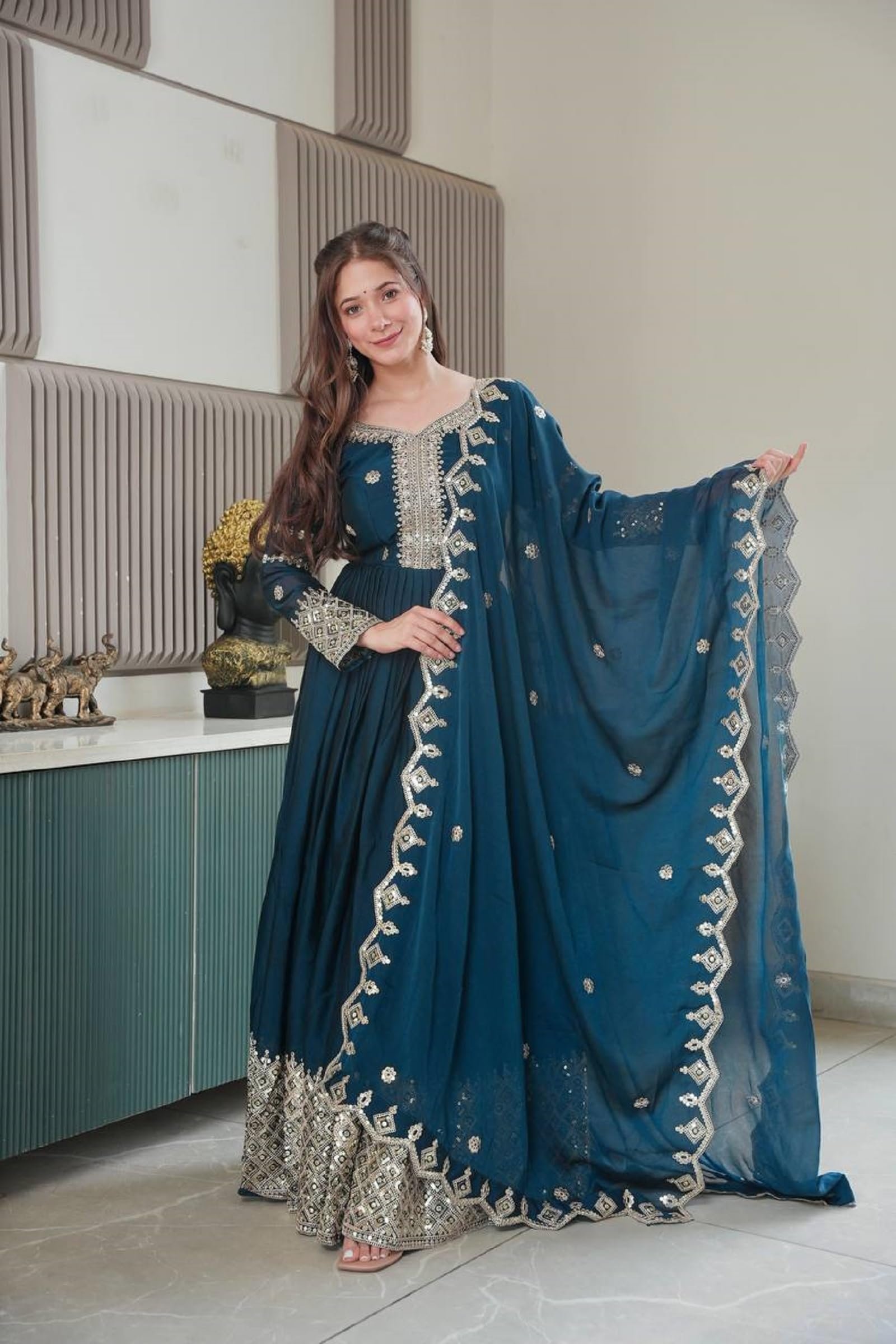 Women Noha Crush Silk Anarkali Gown with Dupatta | Embroidery Codding and Sequins Work Ethnic Outfit | Fully Stitched - Image 8