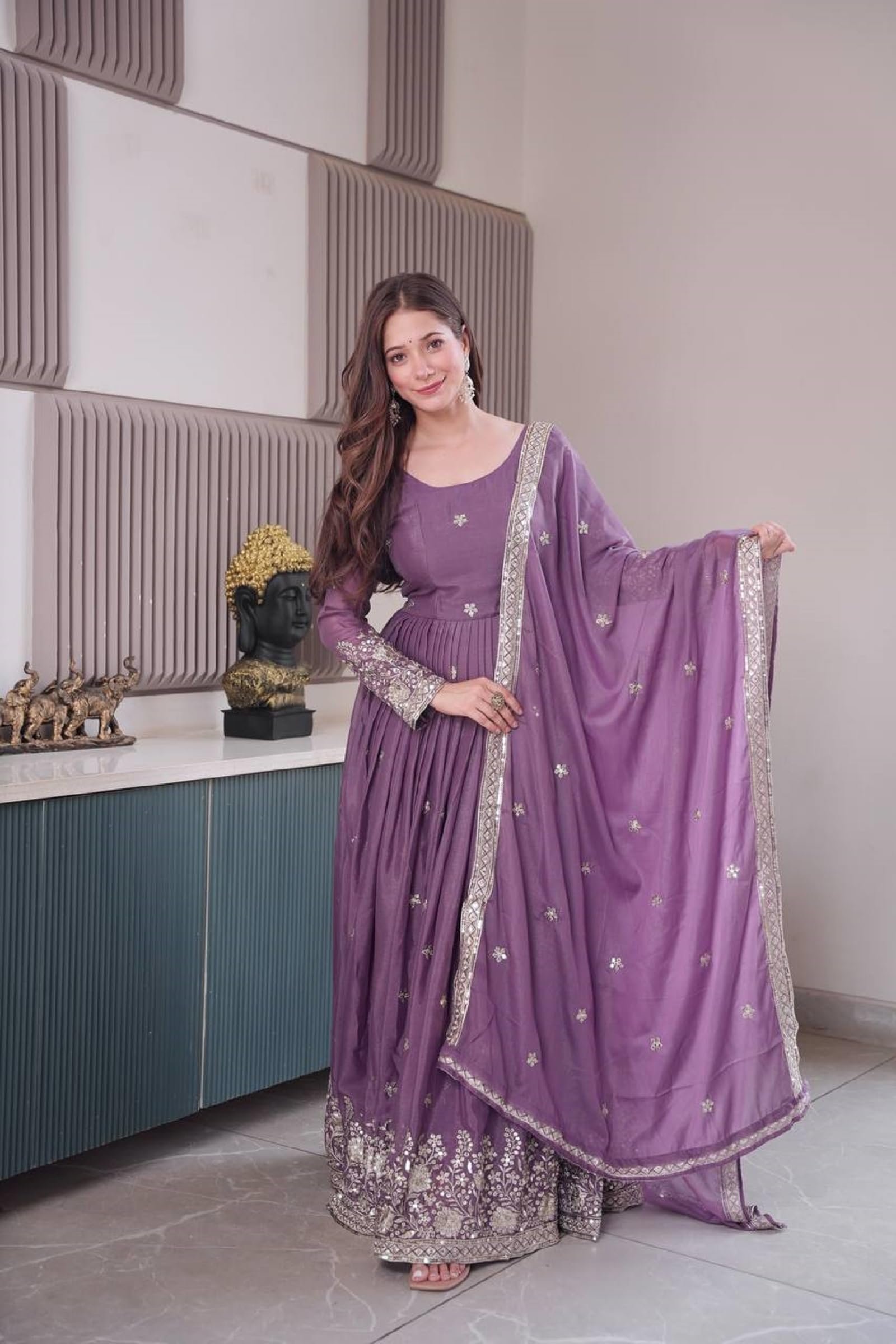Women Diamond Silk Anarkali Gown with Dupatta | Embroidery Sequins Work Ethnic Outfit | Fully Stitched Lavender - Image 6