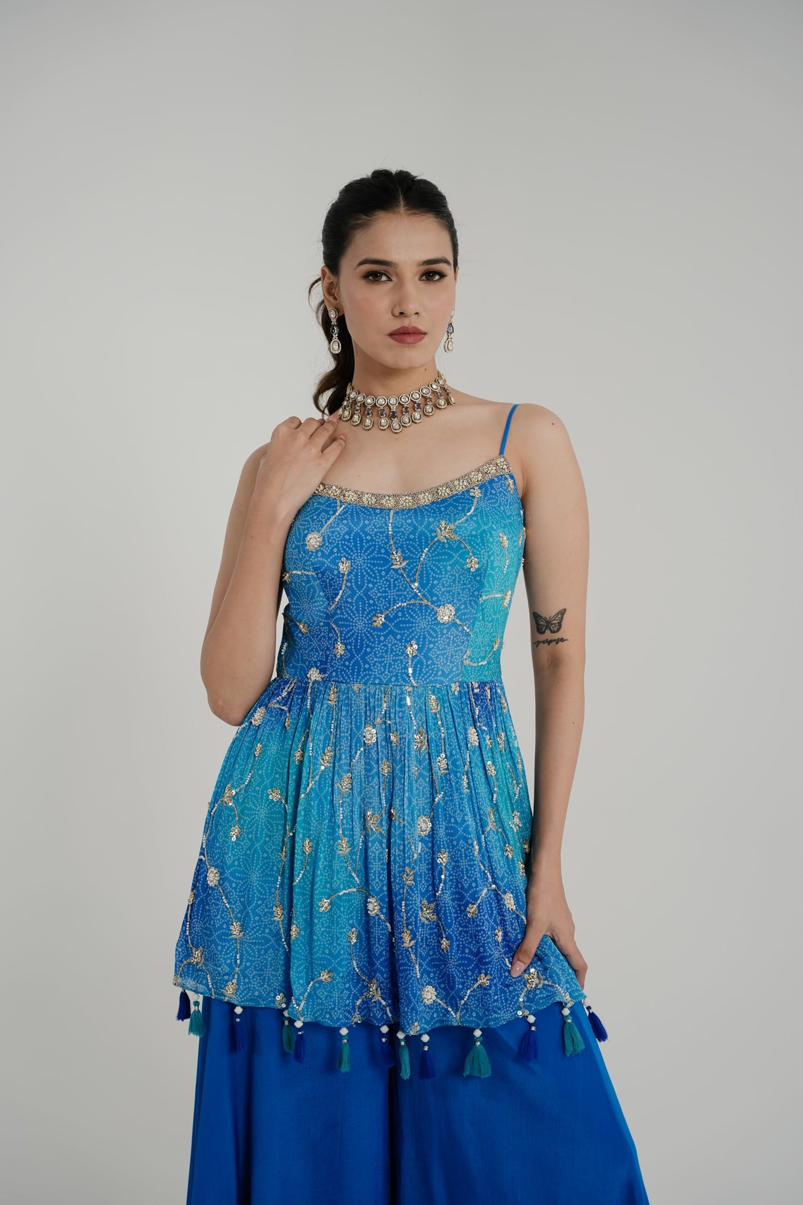 Designer Blue Palazzo Set with Embellished Short Kurti, Tassel Details, Sleeveless Top with Flared Pants (IN, Alpha, 2XL, Regular, Blue) - Image 2