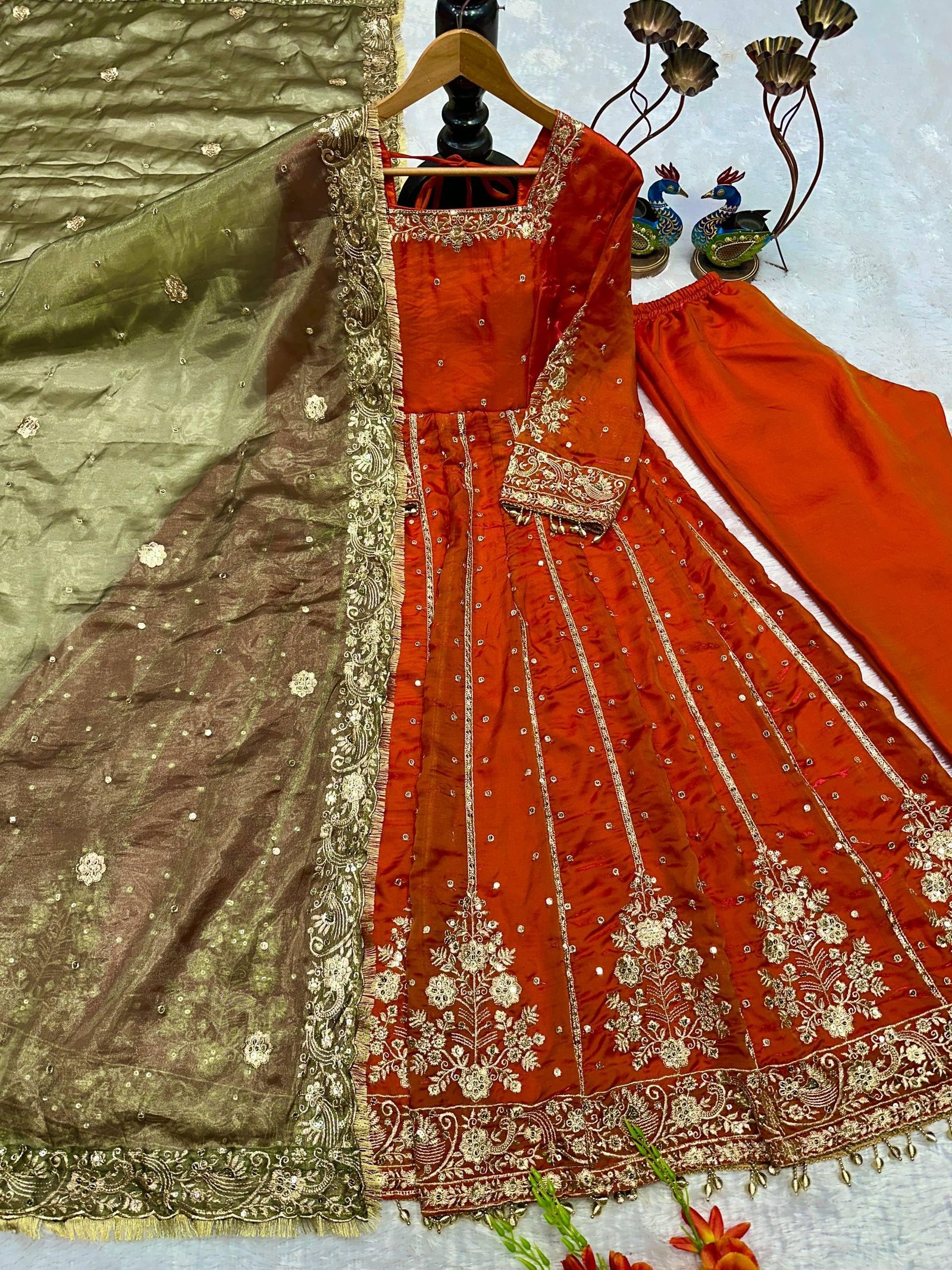 NOORBYNIDHI WOMEN'S LUXE FANDY SILK WITH EMBROIDERY & 5MM SEQUENCE WORK WITH FULL SLEEVE AND LACE|TRENDY TRENDY ETHNIC GOWN SET FOR WOMEN (253-313 ORANGE) - Image 5