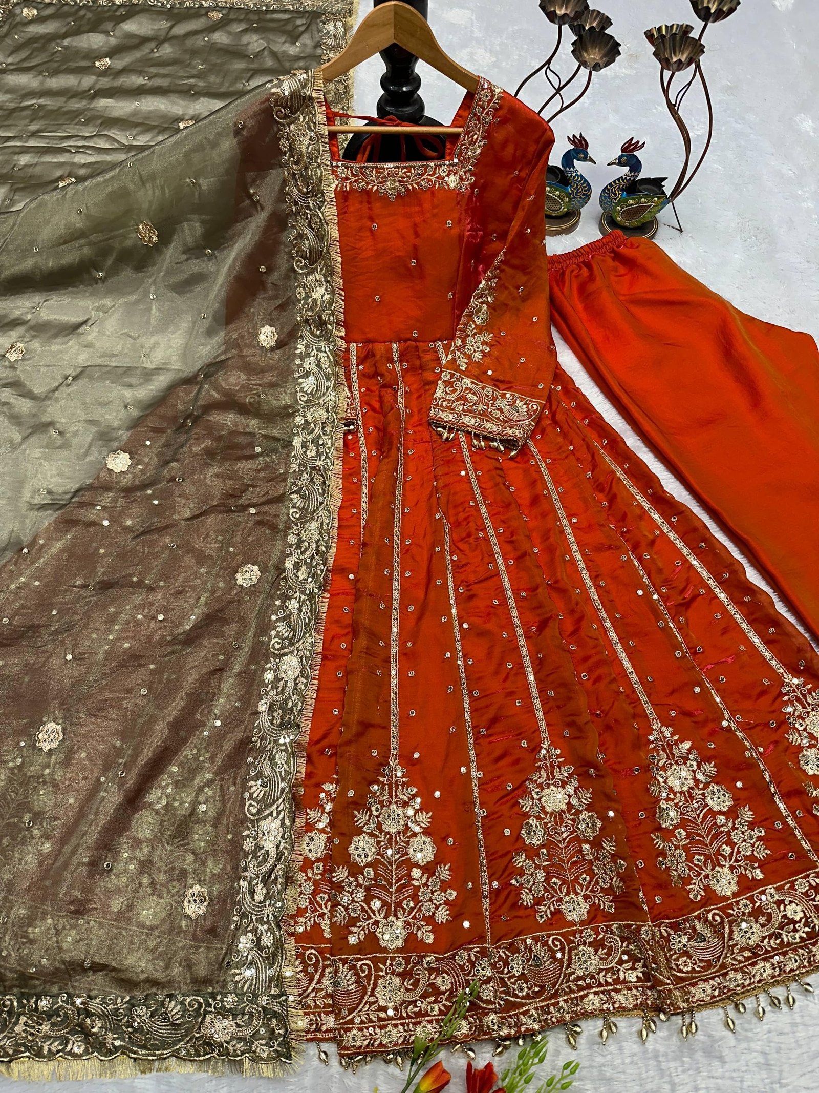 NOORBYNIDHI WOMEN'S LUXE FANDY SILK WITH EMBROIDERY & 5MM SEQUENCE WORK WITH FULL SLEEVE AND LACE|TRENDY TRENDY ETHNIC GOWN SET FOR WOMEN (253-313 ORANGE) - Image 8