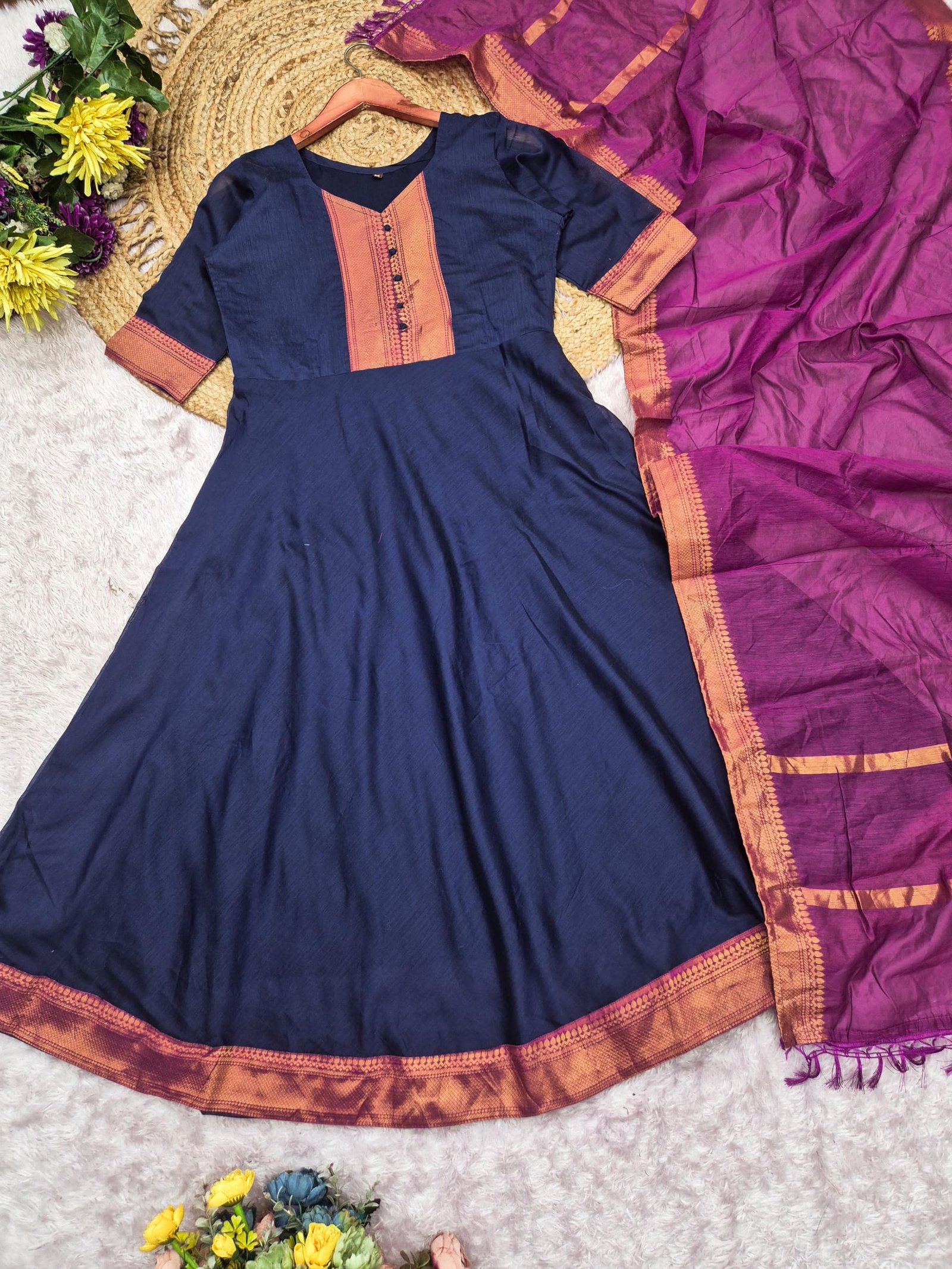 Women's Beautiful Kanchi Cotton with Jacquard Less with Embroidery Gownn & Dupatta Set Anarkali Gown3/4 Sleeve with Less Ethnic Gown and Dupatta Set Gown (in, Alpha, Regular, Women, Blue) - Image 5