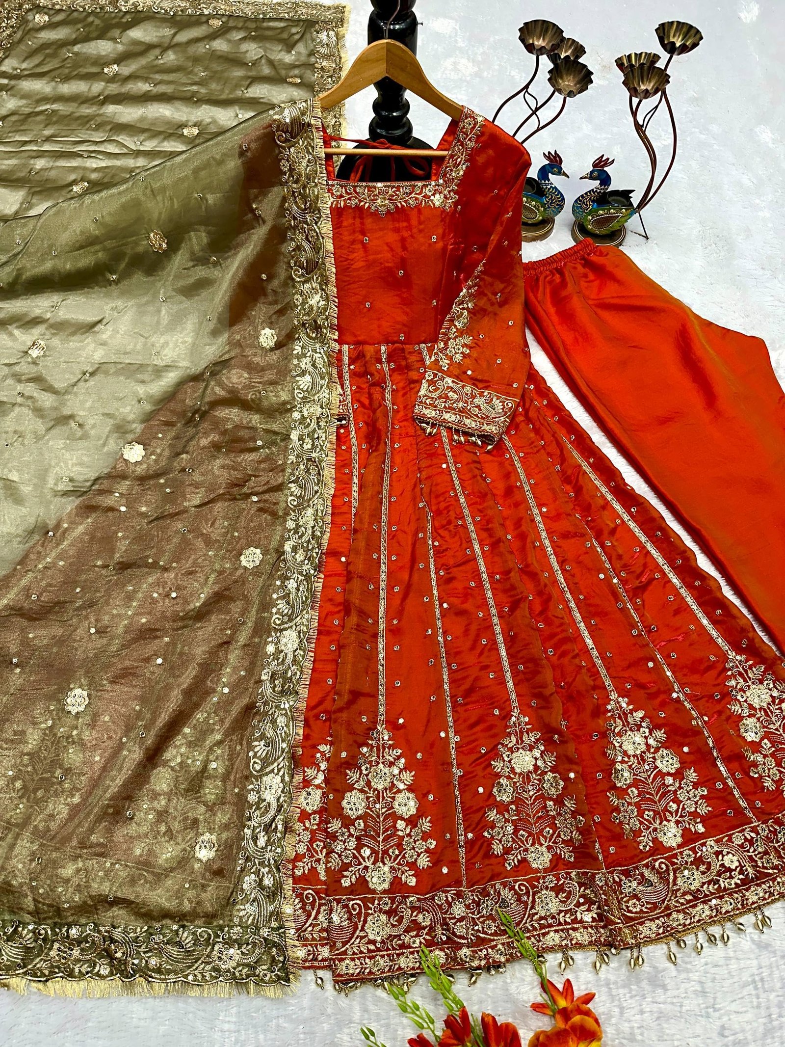 NOORBYNIDHI WOMEN'S LUXE FANDY SILK WITH EMBROIDERY & 5MM SEQUENCE WORK WITH FULL SLEEVE AND LACE|TRENDY TRENDY ETHNIC GOWN SET FOR WOMEN (253-313 ORANGE) - Image 7