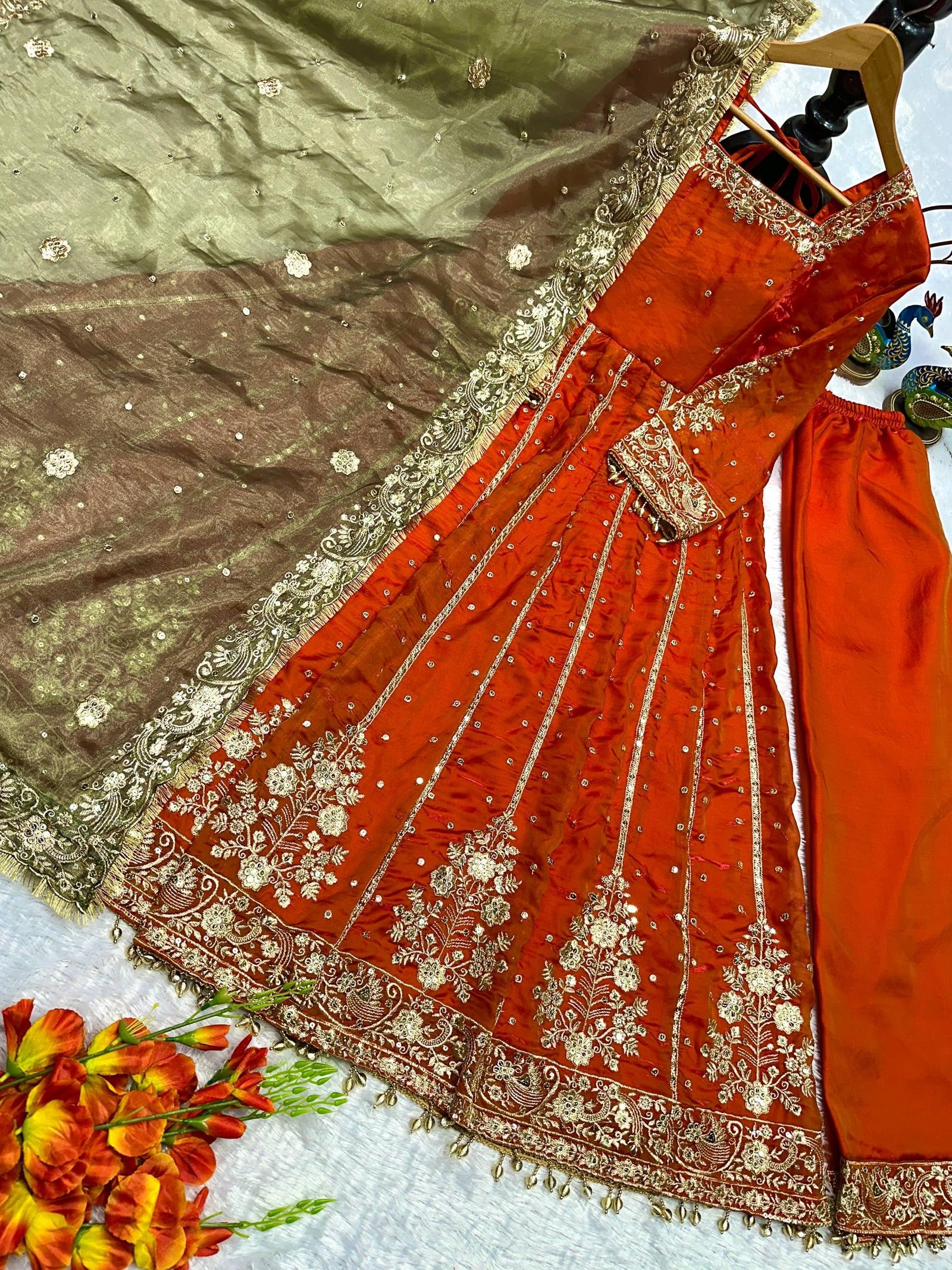NOORBYNIDHI WOMEN'S LUXE FANDY SILK WITH EMBROIDERY & 5MM SEQUENCE WORK WITH FULL SLEEVE AND LACE|TRENDY TRENDY ETHNIC GOWN SET FOR WOMEN (253-313 ORANGE) - Image 4